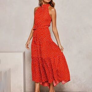NWT Festive Red Polka Dot Halter Dress - Size Medium